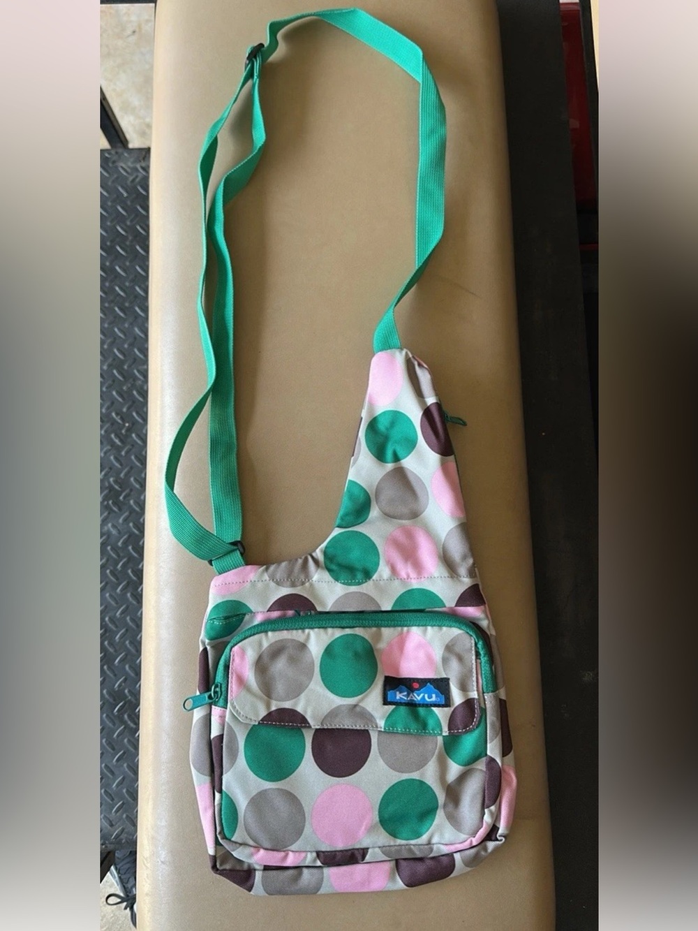 Kavu Green/Teal, Pink & Brown Polka Dot Crossbody Sling Bag, Like New
